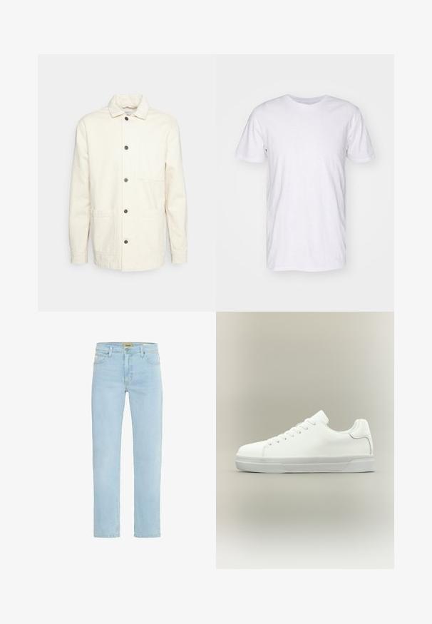 KnowledgeCotton Apparel Let jakke / Sommerjakker - raw cotton; Selected SLHASPEN SLUB TEE - T-shirts basic - bright white; Lysblå denim jeans med lige snit, fem-lomme design, subtil falmning og klassisk talje med lukning med knap foran.; Hvid lavtop sneaker med snørelukning foran, polstret krave og tekstureret gummisål, vist i sidelayout på neutral baggrund.