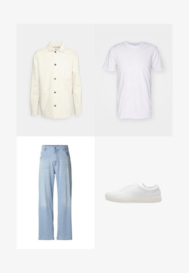 KnowledgeCotton Apparel Leichte Jacke - raw cotton; Selected SLHASPEN SLUB TEE - T-Shirt basic - bright white; Hellblaue Jeans aus Denim mit geradem Bein, dezent ausgewaschen, fünf Taschen und einem Metallknopfverschluss am Bund.; Weiße Leder-Sneaker mit glatter Textur, runder Zehenpartie, Schnürverschluss und flacher Gummisohle. Minimalistisches Design ohne sichtbare Muster.