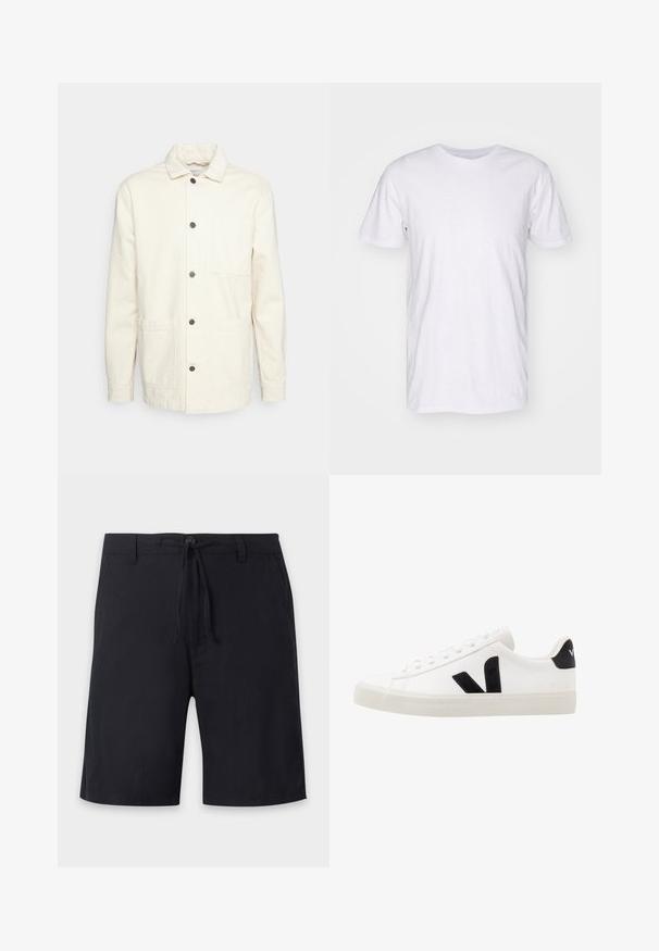 KnowledgeCotton Apparel Suvejakk - raw cotton; Selected SLHASPEN SLUB TEE - Lihtne T-särk - bright white; Mustad põlveni püksid vööaasade, nööpklapi ja reguleeritava nööriga vöökohal.; Valge nahast tennis, millel on mustast sametist detailid; omab kummist tallato, ümmargust nina ja klassikalist nööpidega kinnihoidmist. Külgmine logo musta värviga.