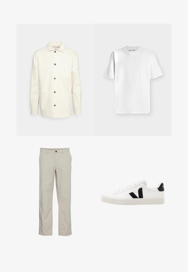 KnowledgeCotton Apparel Let jakke / Sommerjakker - raw cotton; Klassisk hvid T-shirt med korte ærmer og rund hals lagt fladt på en lysegrå baggrund med et lille mærke inde i halsudskæringen.; Beige bomuldsbukser med lige ben, frontlommer og enkelt knaplukning. Glat tekstur og minimale syningsdetaljer.; Hvide lædersneakers med sorte ruskindsdetaljer; har en gummisål, rund tå og klassisk snørebåndsdesign. Side logo i sort.