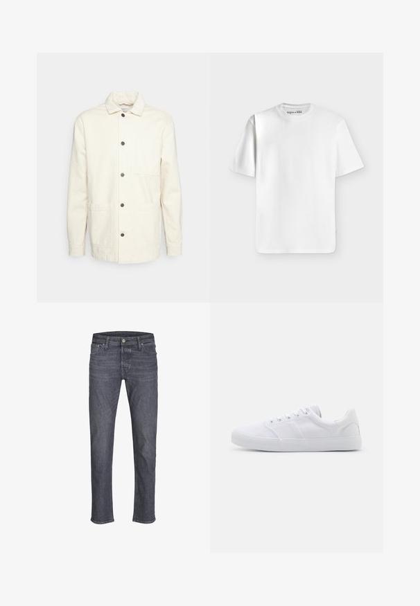 KnowledgeCotton Apparel Veste légère - raw cotton; T-shirt blanc uni à manches courtes et col rond, posé à plat sur un fond gris clair avec une petite étiquette de marque à l’intérieur du col.; Jean en denim gris foncé à jambes droites avec fermeture par bouton et glissière, poches avant et arrière, ainsi que passants pour ceinture.; Baskets en toile blanches avec une semelle en caoutchouc, dotées de six œillets, d'un embout texturé et d'un design minimaliste.