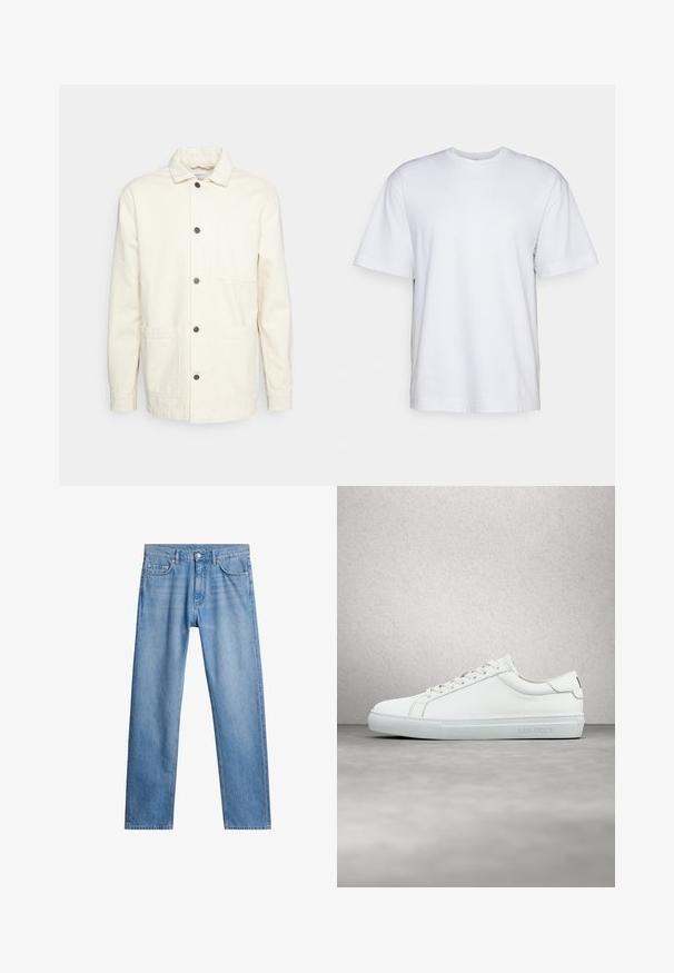 KnowledgeCotton Apparel Let jakke / Sommerjakker - raw cotton; Filippa K HEAVY CREW NECK TEE - T-shirts basic - white; Lyseblå denimjeans med lige ben, fem lommer og metalknaplukning. Struktureret stof med falmede detaljer på fronten.; Hvide lædersneakers med en glat finish, rund tå, flade snørebånd og et minimalistisk design. Lys grå gummisål med branding på siden.