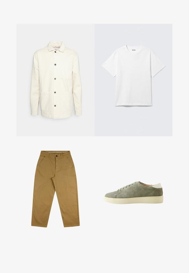 KnowledgeCotton Apparel Kevyt takki - raw cotton; Valkoinen lyhythihainen pyöreäkauluksinen t-paita tasaisena, yksinkertainen malli, jossa "WEEKDAY"-etiketti kauluksessa vaalealla taustalla.; Housut, jotka ovat väljät ja valmistettu kestävästä puuvillasta. Ominaisuuksiin kuuluu napitus, viisi taskua ja vyötärönauhaan ommeltu etiketti, jossa on teksti.; Matalavartinen tennari harmaasta mokasta, nyörikiinnitys, beige pohja ja valkoinen kantakisa, esitetty sisäsivuprofiilista.