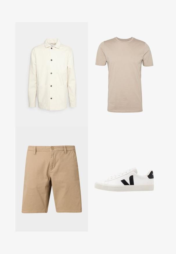 KnowledgeCotton Apparel Veste légère - raw cotton; T-shirt en coton beige, manches courtes, col rond, texture lisse, design sans coutures, tissu léger, sans logos ni motifs visibles.; Short chino beige longueur genou avec fermeture par bouton et passants pour ceinture, poches avant, présenté sur un fond clair.; Sneaker blanche en cuir avec des accents en daim noir ; dispose d'une semelle en caoutchouc, d'un bout rond et d'un design classique à lacets. Logo latéral en noir.