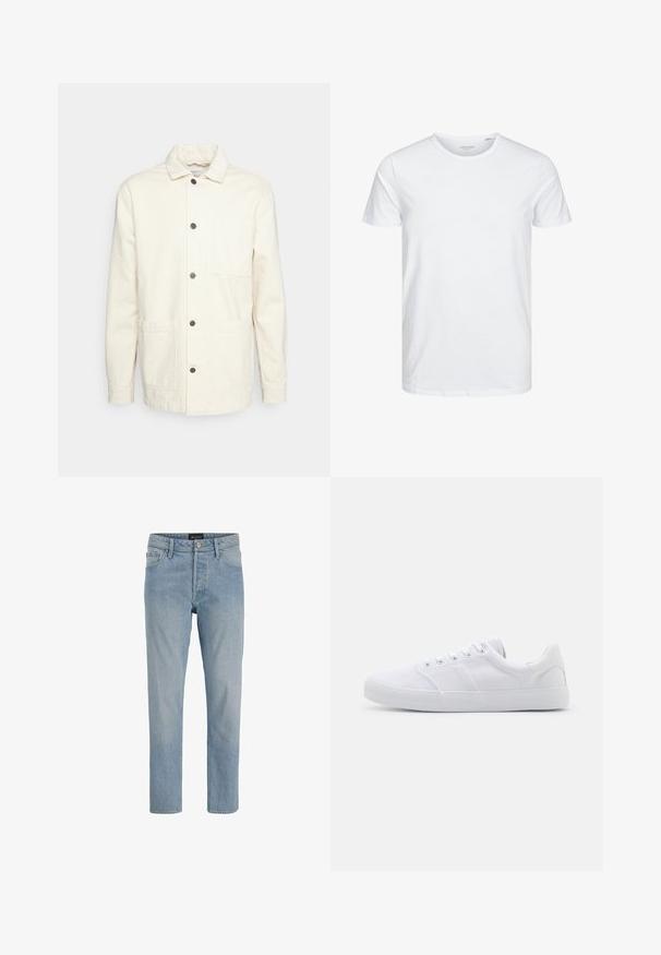 KnowledgeCotton Apparel Leichte Jacke - raw cotton; Rundhals-T-Shirt mit kurzen Ärmeln in reinem Weiß, aus weicher Baumwolle, mit einem schlichten Design ohne sichtbare Muster oder Akzente.; Hellblaue Denim-Jeans mit geradem Schnitt, fünf Taschen, Knopfverschluss und einem leicht ausgewaschenen Finish.; Weiße Leinenschuhe mit Gummisohle, ausgestattet mit sechs Ösen, einer strukturierten Zehenkappe und minimalistischer Gestaltung.
