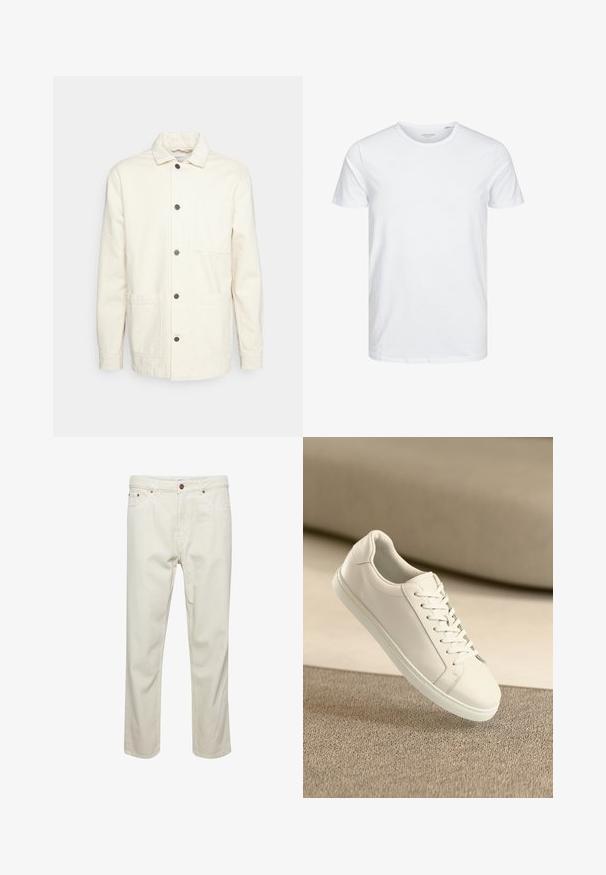 KnowledgeCotton Apparel Chaqueta fina - raw cotton; Camiseta de manga corta y cuello redondo en blanco sólido, fabricada en algodón suave, presenta un diseño simple sin patrones ni acentos visibles.; Pantalones de algodón beige con corte recto, cinco bolsillos, cierre de botón y detalles de costura sutiles. Textura uniforme sin patrones visibles.; Zapatilla de cuero blanca con cordones blancos, exhibida sobre una superficie texturizada beige y un suave fondo desenfocado.