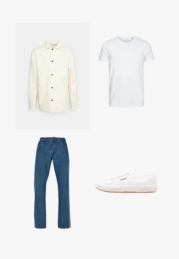 KnowledgeCotton Apparel Veste légère - raw cotton; T-shirt à col rond à manches courtes de couleur blanche unie, fabriqué en coton doux, avec un design simple sans motifs ni accents visibles.; Jean en denim bleu avec une coupe droite, présentant un design classique à cinq poches, une fermeture à bouton et à glissière à l'avant, et des coutures visibles.; Baskets en toile blanches avec une semelle en caoutchouc, design à lacets et une petite étiquette logo sur le côté. Tige blanche texturée et semelle extérieure marron.