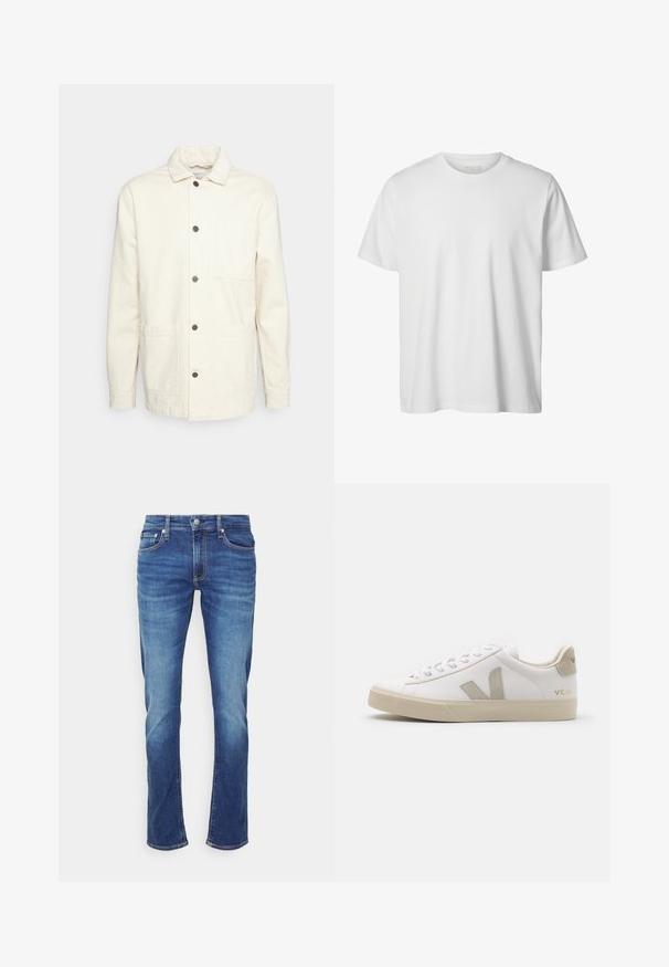 KnowledgeCotton Apparel Letná bunda - raw cotton; Jednoduché biele tričko s krátkym rukávom a okrúhlym výstrihom, voľného strihu, bez viditeľných log alebo vzorov na prednej strane.; Modré riflové nohavice s vyblednutými efektmi, zapínanie vpredu na gombík a zips a päťvreckový štýl na jednofarebnom bielom pozadí.; Biele kožené tenisky s béžovými akcentmi, plochá gumová podrážka, okrúly špička a kontrastné logo na boku a zadnej časti. S viazaním.