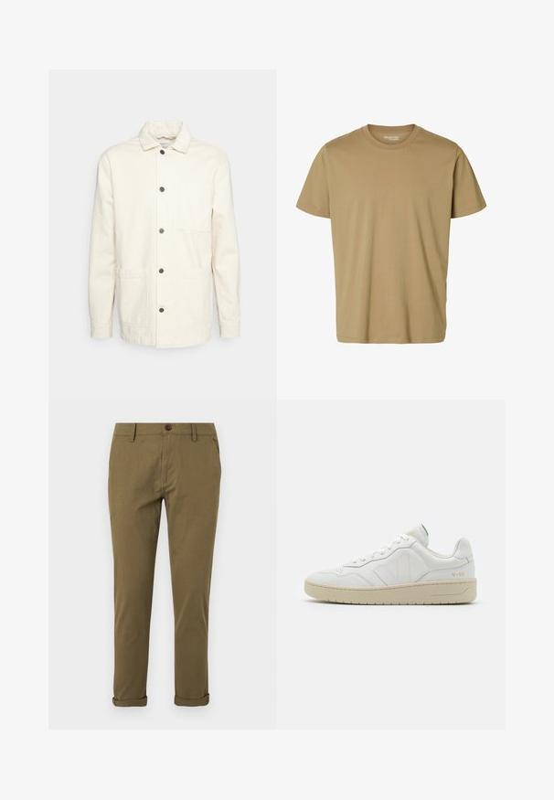 KnowledgeCotton Apparel Chaqueta fina - raw cotton; Camiseta lisa beige de manga corta con cuello redondo sin patrones ni logotipos visibles, mostrada sobre un fondo blanco.; Pantalones chinos khaki de corte ajustado para hombre con trabillas para cinturón, cierre de botón, bolsillos laterales y puños doblados sobre fondo blanco.; Zapatillas blancas de cuero con un acabado texturizado y cuello acolchado. Cuentan con una suela de goma beige y un sutil logotipo en el talón y el lado.
