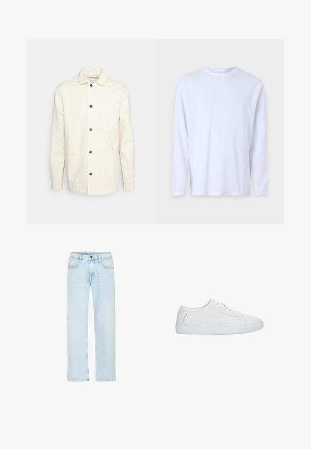 KnowledgeCotton Apparel Leichte Jacke - raw cotton; Weißes Langarm-T-Shirt aus weicher Baumwolle, mit Rundhalsausschnitt und dezenten Nähdetails an der Vorderseite und den Schultern.; Hellblaue Denim-Jeans weisen ein gerades Bein Design mit einem klassischen Knopfverschluss, fünf Taschen und subtilen Ausbleichungen für zusätzliche Textur auf.; Weißer niedriger Sneaker mit Schnürdesign, glattem Lederobermaterial und flacher Gummisohle, seitlich auf weißem Hintergrund dargestellt.