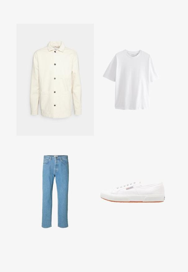 KnowledgeCotton Apparel Let jakke / Sommerjakker - raw cotton; Simpel hvid T-shirt med korte ærmer og rund hals med en afslappet pasform på hvid baggrund.; Lyseblå denimjeans med lige ben-design. Funktioner inkluderer en knapgylp, fem lommer og syede detaljer langs sømmene.; Hvide kanvas sneakers med gummisål, snørebåndsdesign og et lille logo mærke på siden. Tekstureret hvid overdel og brun ydersål.