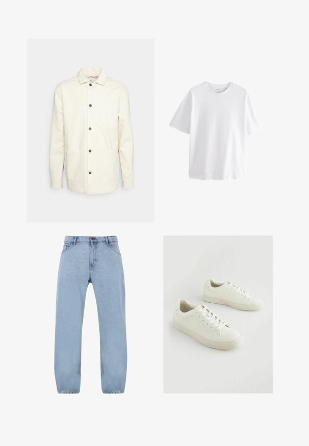 KnowledgeCotton Apparel Letná bunda - raw cotton; Jednofarebné biele tričko s krátkym rukávom a okrúhlym výstrihom s voľným strihom na bielom pozadí.; Svetlo modré riflové nohavice so strihom rovného nohu, obsahujúce štyri vrecká, zips a detaily zlatého prešívania.; Biele tenisky vyrobené z textúrovaného syntetického materiálu, s okrúhlou špičkou, na šnurovanie a s mierne zvýšenou gumovou podrážkou.
