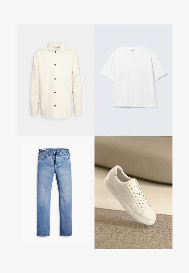 KnowledgeCotton Apparel Veste légère - raw cotton; T-shirt blanc oversize à manches courtes, col rond, épaules tombantes, posé à plat sur fond gris clair.; Jeans en denim bleu clair avec une coupe droite, une fermeture à cinq boutons, des passants de ceinture et un délavage subtil. Dispose de deux poches avant et de rivets en cuivre.; Baskets en cuir blanc avec des lacets blancs, exposées sur une surface beige texturée et avec un arrière-plan flou doux.