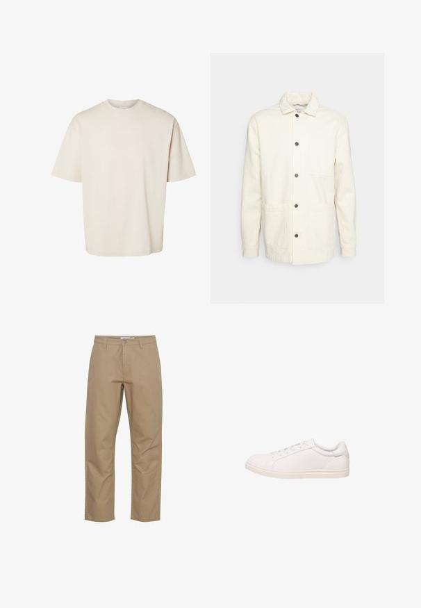KnowledgeCotton Apparel Suvejakk - raw cotton; Lihtne beež lühikeste varrukatega üle suurusega puuvillane t-särk ümmarguse kaelusega, esitatud lamedalt valgel taustal.; Beige puuvillased püksid otse lõikega disainiga, millel on ees nupp ja tõmblukk, küljetaskud ning puhas viimistlus.; Valge madala säärega toss, millel on paelaga sulgemine ja lame tald, näidatud külgprofiilis valgel taustal.