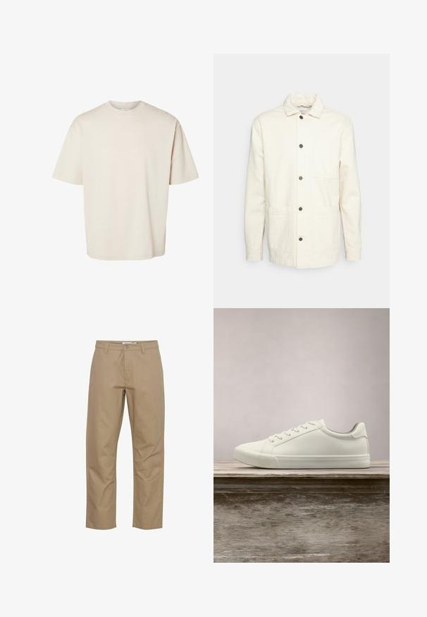 KnowledgeCotton Apparel Let jakke / Sommerjakker - raw cotton; Simpel beige kortærmet oversize bomuld t-shirt med rund halsudskæring, vist fladt på hvid baggrund.; Beige bomuldsbukser med lige ben-design, der har en frontknap og lynlås lukning, sidelommer og et rent finish.; Hvide snørresneakers svævende over en træbænk med grønne planter i baggrunden, der fremhæver skodesign og tekstur.