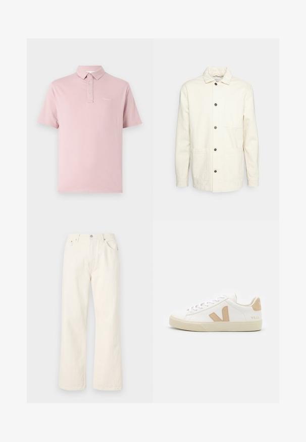 KnowledgeCotton Apparel Let jakke / Sommerjakker - raw cotton; Polo skjorte i blød pink bomuld, har krave, to knaplukninger og et lille logo på venstre bryst. Korte ærmer, standard pasform.; Cremefarvede brede jeans lavet af denim, med et standard fem-lomme design og en metalknaplukning i taljen.; Hvide sneakers med beige detaljer, glat lædermateriale, rund tå, flad gummisål og snørebånd foran med et logo på hælen.