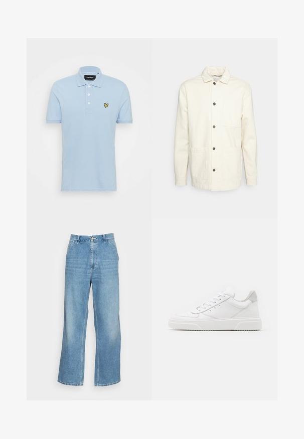 KnowledgeCotton Apparel Kevyt takki - raw cotton; Vaaleansininen puuvillapolo, jossa on kolme nappia, lyhyet hihat ja pieni keltainen brodeerattu logo rinnassa.; Vaaleansiniset leveälahkeiset farkut, jotka on valmistettu denimmateriaalista. Ominaisuuksina korkea vyötärö, nappi suljenta ja standardi viiden taskun muotoilu. Sileä pinta.; Valkoiset nahkakengät, joissa on sileä pinta, pyöreä kärki, litteät nauhat ja teksturoitu pohja. Harmaa mokkanahka korostaa kantapäätä.