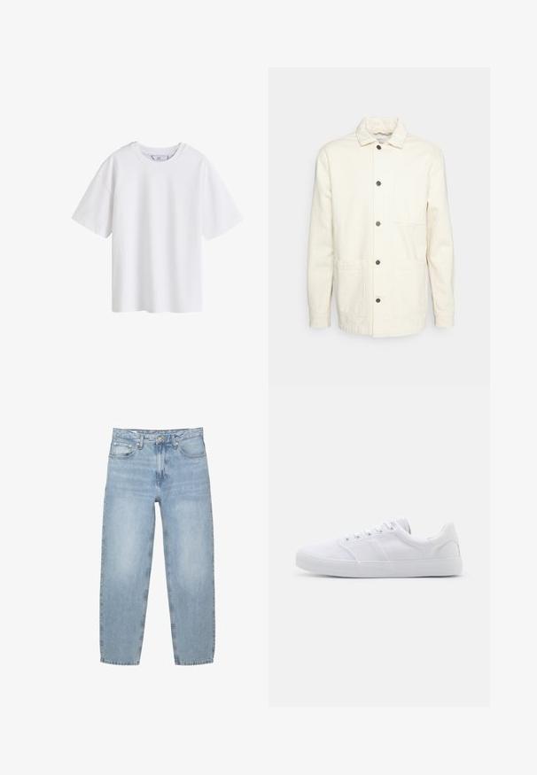 KnowledgeCotton Apparel Veste légère - raw cotton; T-shirt blanc uni en coton à manches courtes avec col rond, présenté de face sur fond blanc.; Jean en denim bleu clair, coupe ample, taille haute, design à cinq poches, braguette à boutons et zip, jambes droites avec un ourlet légèrement effiloché.; Baskets en toile blanches avec une semelle en caoutchouc, dotées de six œillets, d'un embout texturé et d'un design minimaliste.