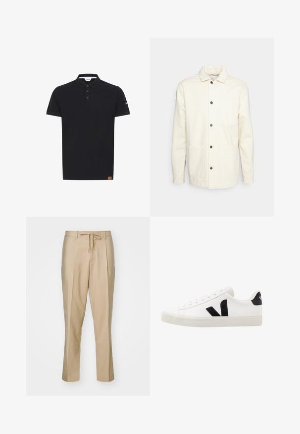 KnowledgeCotton Apparel Chaqueta fina - raw cotton; Camisa polo negra de color sólido, con un cuello clásico, tapeta de tres botones marrones y un parche texturizado con el logo en la manga.; Pantalones beige a medida con cintura ajustable y perneras rectas, y dos bolsillos laterales. Hechos de una tela suave, con pliegues definidos.; Zapatilla de cuero blanca con acentos de ante negro; presenta una suela de goma, puntera redonda y un diseño clásico de cordones. Logo lateral en negro.