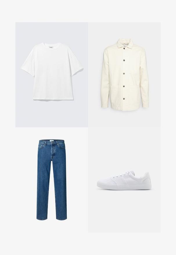 KnowledgeCotton Apparel Veste légère - raw cotton; T-shirt blanc oversize à manches courtes, col rond, épaules tombantes, posé à plat sur fond gris clair.; Jean droit bleu en denim avec fermeture par bouton et fermeture éclair, passants de ceinture et design cinq poches.; Baskets en toile blanches avec une semelle en caoutchouc, dotées de six œillets, d'un embout texturé et d'un design minimaliste.