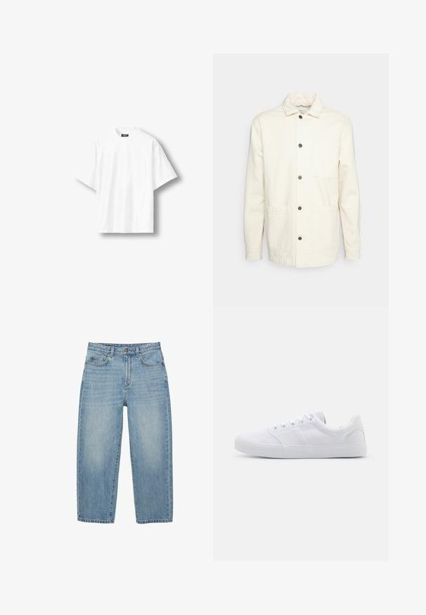 KnowledgeCotton Apparel Veste légère - raw cotton; T-shirt blanc uni à manches courtes, coupe ample, col rond et étiquette noire à l'intérieur du col arrière, présenté sur un fond clair.; Jean en denim bleu clair à jambes droites avec bouton à l'avant, fermeture éclair et design à cinq poches sur fond blanc.; Baskets en toile blanches avec une semelle en caoutchouc, dotées de six œillets, d'un embout texturé et d'un design minimaliste.