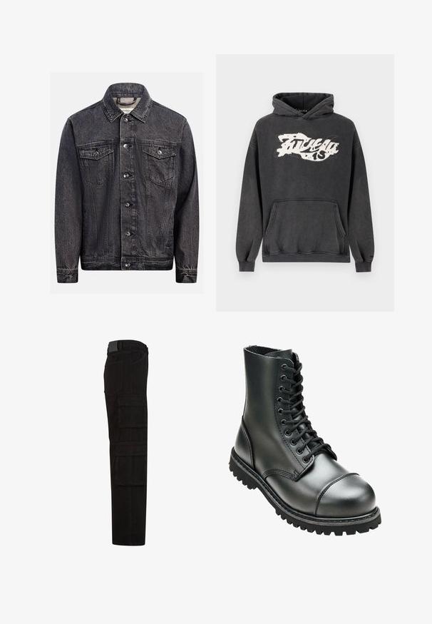 Dunkel gewaschene schwarze Jeansjacke mit Knopfleiste vorne, zwei Brustklappentaschen mit Knöpfen und klassischem Kragen.; Dunkelgrauer Hoodie aus Baumwolle mit einer aufgesetzten Kängurutasche vorne und einem übergroßen Schnitt. Weißer Grafikdruck auf der Brust mit einem Used-Effekt.; Schwarze Cargohose mit mehreren großen Überschlagtaschen, Gürtelschlaufen und geradem Beinanschnitt, seitlich dargestellt.; Schwarze Lederkampfstiefel mit hohem Knöchel, runder Zehenpartie, Schnürung vorne und robustem Gummisohle mit tiefem Profil für besseren Grip.
