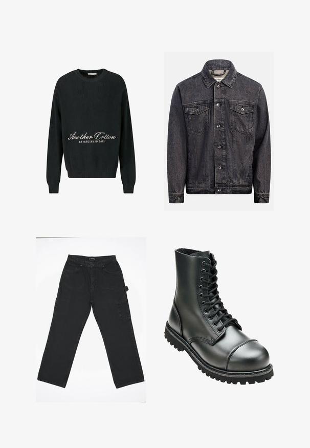Dunkel gewaschene schwarze Jeansjacke mit Knopfleiste vorne, zwei Brustklappentaschen mit Knöpfen und klassischem Kragen.; Schwarzer Strickpullover mit Rundhalsausschnitt, gerippter Textur und gesticktem Text "Another Cotton ESTABLISHED 2023" in Weiß.; Schwarze Denim-Hose mit geradem Bein, ausgestattet mit einem Frontknopfverschluss, Gesäßtaschen und einer seitlichen Cargo-Tasche.; Schwarze Lederkampfstiefel mit hohem Knöchel, runder Zehenpartie, Schnürung vorne und robustem Gummisohle mit tiefem Profil für besseren Grip.