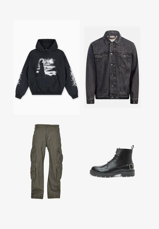 Dunkel gewaschene schwarze Jeansjacke mit Knopfleiste vorne, zwei Brustklappentaschen mit Knöpfen und klassischem Kragen.; Schwarzer Hoodie mit einem vorderen Grafikdruck einer Figur vor einem wolkigen Hintergrund. Enthält eine Kängurutasche und Sternmuster auf den Ärmeln.; Cargo-Hosen aus olivgrünem Baumwollstoff, mit mehreren Seitentaschen, einem lockeren Schnitt und verstärkten Nähten für hohe Strapazierfähigkeit.; Schwarzer Lederkampfstiefel mit Schnürsenkeln, Metallösen, robustem Sohlen, einer Schlaufe am Absatz und einem dekorativen Schnallenriemen an der Seite.