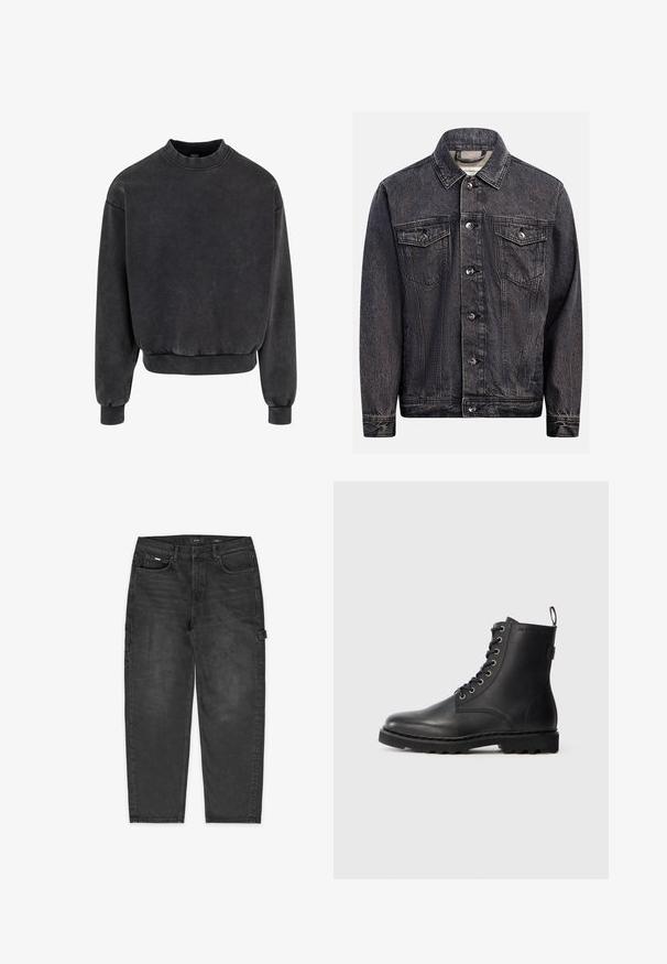 Mørkt, vasket sort denimjakke med knapper foran, to brystlommer med knapklapper og klassisk krave.; Sort cropped sweatshirt med rund halsudskæring, ribbestrikkede manchetter og kant. Fremstillet af blødt materiale med et let falmet udseende.; Sorte denim cargobukser med løs pasform, der har sidelommer, minimal falmning og en simpel knaplukning ved taljen.; Sort læder ankelstøvle med rund tå, snøredesign og metaløjer. Har en tekstureret sål og en pull-tab ved hælen for nem påtagning.