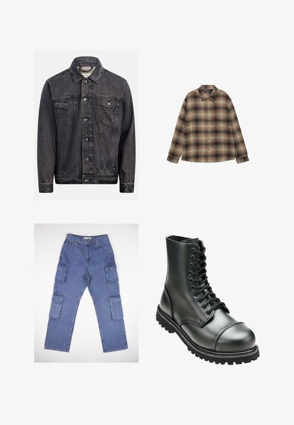 Dunkel gewaschene schwarze Jeansjacke mit Knopfleiste vorne, zwei Brustklappentaschen mit Knöpfen und klassischem Kragen.; Langärmliges Hemd mit Knopfleiste, beige-braun-schwarz kariert und spitzem Kragen, flach auf weißem Hintergrund ausgelegt.; Blaue Denim-Cargo-Hosen mit mehreren Seitentaschen, einem geraden Beindesign und einem klassischen Bund. Der Stoff hat eine leicht strukturierte Textur und ist leicht ausgebleicht.; Schwarze Lederkampfstiefel mit hohem Knöchel, runder Zehenpartie, Schnürung vorne und robustem Gummisohle mit tiefem Profil für besseren Grip.