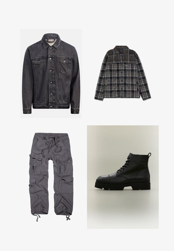 Mørkt, vasket sort denimjakke med knapper foran, to brystlommer med knapklapper og klassisk krave.; Plaid flannel skjortejakke med jordfarver i brun, sort og grå, med knaplukning fortil, to sidelommer og en blød tekstur.; Grå cargo bukser med flere lommer, snoreliv, knaplukning, tapered ben og en tekstureret stoffinish.; Sort tekstureret læderstøvle med snøre og tyk sål samt trækstrop bagpå, vist i sideprofil mod neutral baggrund.
