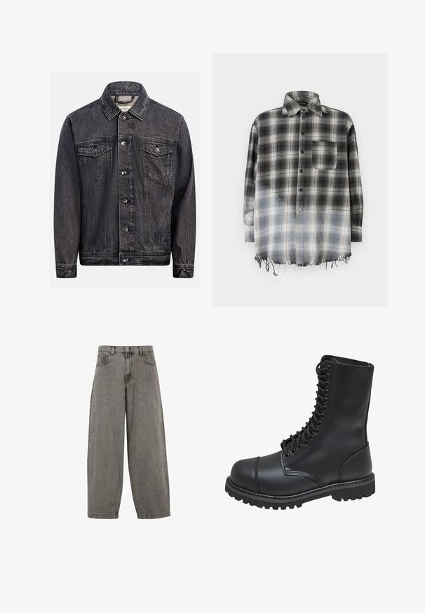 Mørkt, vasket sort denimjakke med knapper foran, to brystlommer med knapklapper og klassisk krave.; Sort-hvid ternet skjorte med klassisk krave, knaplukning, påsyet lomme og frynset kant. Stoffet har et blødt, tekstureret udseende.; Grå denim bukser med høj talje, brede ben, klassisk fem-lomme design og knaplukning foran. Let struktureret finish.; Sort læder kampstøvle med høj skaft, snørebånd foran, polstret krave og en robust tekstureret sål for godt greb. Har forstærket tåhætte.