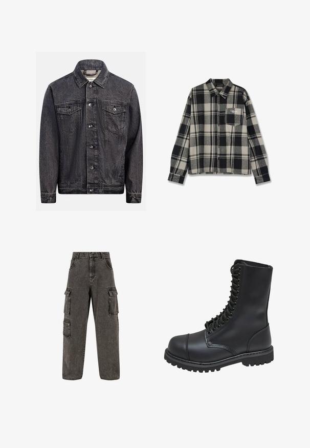 Mørkt, vasket sort denimjakke med knapper foran, to brystlommer med knapklapper og klassisk krave.; Sort og cremefarvet ternet flannel skjorte med lange ærmer, knaplukning fortil, enkelt brystlomme og diskret logo broderi på lommen.; Karl Kani OG BAGGY - Jeans Relaxed Fit - grey; Sort læder kampstøvle med høj skaft, snørebånd foran, polstret krave og en robust tekstureret sål for godt greb. Har forstærket tåhætte.