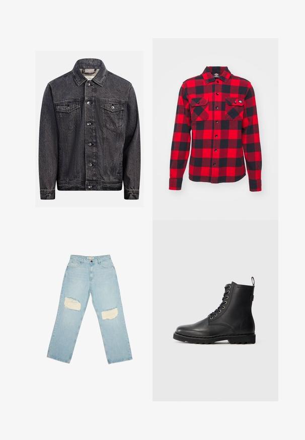 Dark washed black denim jacket with button front, two chest flap pockets with buttons, and classic collar.; Red and black plaid flannel shirt with long sleeves, two chest pockets, and button closure, featuring a classic collar and textured fabric.; Light blue denim jeans with high waist, straight legs, and distressed patches on both thighs.; Black leather ankle boot with round toe, lace-up design, and metal eyelets. Features a textured sole and pull tab at the heel for easy wear.