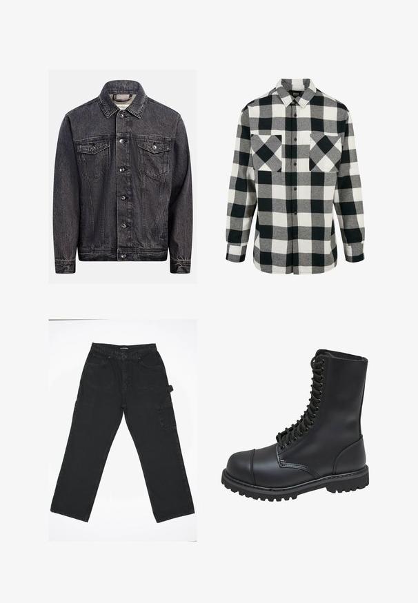 Dunkel gewaschene schwarze Jeansjacke mit Knopfleiste vorne, zwei Brustklappentaschen mit Knöpfen und klassischem Kragen.; Schwarz-weiße Flanellhemd mit großem Karomuster, langen Ärmeln, Knopfleiste und zwei Brusttaschen. Aus weichem Stoff gefertigt.; Schwarze Denim-Hose mit geradem Bein, ausgestattet mit einem Frontknopfverschluss, Gesäßtaschen und einer seitlichen Cargo-Tasche.; Schwarze Lederkampfstiefel mit hohem Schaft, Schnürung an der Vorderseite, gepolstertem Kragen und rutschfester, strukturierter Sohle für guten Halt. Mit verstärkter Zehenkappe.