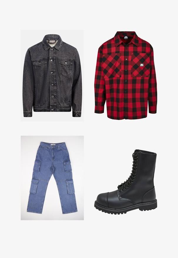 Veste en denim noir foncé délavé avec boutonnage devant, deux poches poitrine à rabat avec boutons et col classique.; Chemise en flanelle à carreaux rouge et noir avec des manches longues, fermeture à boutons, deux poches avant et un petit logo de marque sur la poche de la poitrine.; Pantalons cargo en denim bleu avec plusieurs poches latérales, un design à jambe droite et une taille classique. Le tissu a une légère texture et un effet délavé.; Botte de combat en cuir noir avec un haut tige, fermeture lacée à l'avant, col rembourré et semelle texturée robuste pour une meilleure adhérence. Dotée d'un capuchon de protection renforcé.