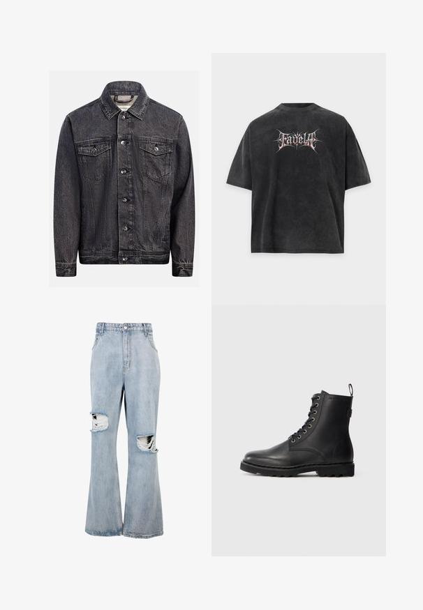 Dunkel gewaschene schwarze Jeansjacke mit Knopfleiste vorne, zwei Brustklappentaschen mit Knöpfen und klassischem Kragen.; Schwarzes Oversized-T-Shirt mit verblasster Textur und stilisiertem weißen und roten Text "Fadella" zentriert auf der Vorderseite.; Hellblaue Jeans aus Denim mit hoher Taille, weitem Bein und auffälligen, stark ausgefransten Löchern auf beiden Knien, mit ausgefransten Rändern um die Risse.; Schwarze Lederstiefelette mit runder Zehenform, Schnürdesign und Metallösen. Verfügt über eine strukturierte Sohle und einen Zuglasche an der Ferse für einfachen Einstieg.