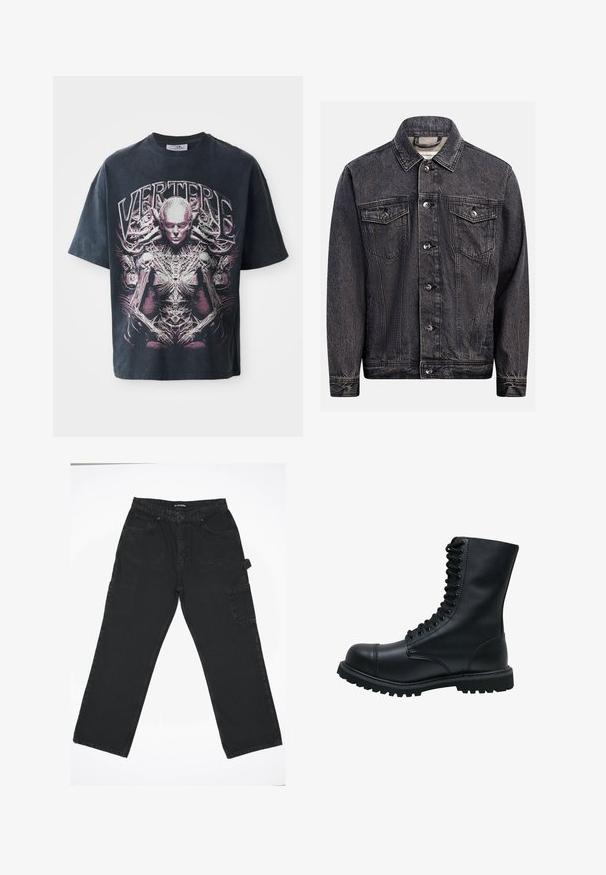 Dunkel gewaschene schwarze Jeansjacke mit Knopfleiste vorne, zwei Brustklappentaschen mit Knöpfen und klassischem Kragen.; Schwarzes T-Shirt aus Baumwolle mit einem großen pink-weißen Design einer humanoiden Figur, die über komplexe Details verfügt, sowie dem Text "VERTERE."; Schwarze Denim-Hose mit geradem Bein, ausgestattet mit einem Frontknopfverschluss, Gesäßtaschen und einer seitlichen Cargo-Tasche.; Schwarze Leder Schnürstiefel mit runder Zehenkappe, hohem Schaft, dicker Gummisohle und texturierter Oberfläche. Enthält verstärkte Nähte entlang der Nähte.