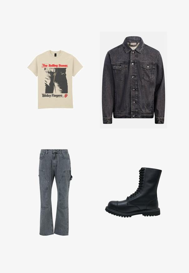 Chaqueta vaquera negra oscura lavada con cierre de botones en el frente, dos bolsillos en el pecho con solapa y botones, y cuello clásico.; Camiseta de algodón beige con un diseño gráfico de unos vaqueros y un cremallera. El texto dice "The Rolling Stones" en rojo y "Sticky Fingers" en negro.; Pantalones cargo de mezclilla gris con cintura alta, piernas acampanadas y múltiples bolsillos. Presentan detalles de costura y un acabado suave y texturizado.; Botín de cuero negro con cordones, punta redonda, caña alta, suela de goma gruesa y superficie texturizada. Presenta costuras reforzadas a lo largo de las uniones.
