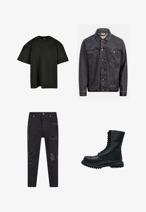 Mørkt, vasket sort denimjakke med knapper foran, to brystlommer med knapklapper og klassisk krave.; Sort oversized t-shirt i blød bomuld. Har en rund crew neckline og korte ærmer, med en glat tekstur og minimalistisk design.; Sorte denim jeans med slim fit, der har flere slidte områder og flossede kanter. Livvidde med bælteløkker og forlommer.; Sort læder snørebåndsstøvle med rund tå, høj skaft, tyk gummisål og struktureret overflade. Har forstærket syning langs sømmene.