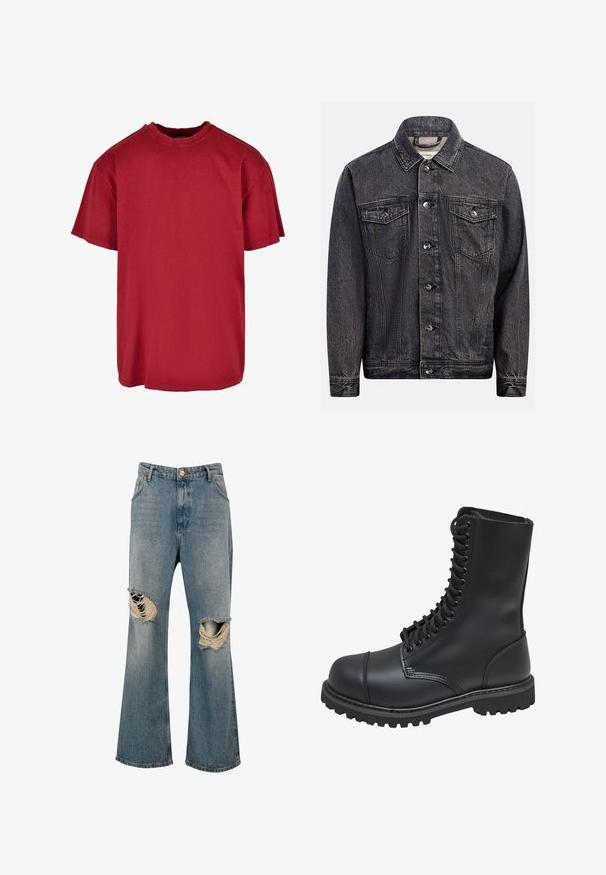 Veste en denim noir foncé délavé avec boutonnage devant, deux poches poitrine à rabat avec boutons et col classique.; T-shirt en coton rouge avec une coupe décontractée, des manches courtes, un col rond et des accents usés près des épaules. Pas de logos visibles.; Jean en denim bleu avec jambes larges et grands trous déchirés aux deux genoux montrant des bords effilochés et des fils blancs.; Botte de combat en cuir noir avec un haut tige, fermeture lacée à l'avant, col rembourré et semelle texturée robuste pour une meilleure adhérence. Dotée d'un capuchon de protection renforcé.