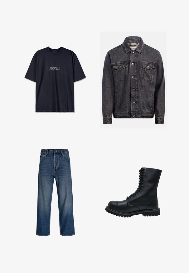Mørkt, vasket sort denimjakke med knapper foran, to brystlommer med knapklapper og klassisk krave.; Sort bomulds t-shirt med rund hals, prydet med et hvidt trykt logo "Pescador Club" og "Scent of Summer" på fronten. Korte ærmer.; Denim jeans med lige ben-design, mørkeblå farve og subtil udvaskning. Har fem lommer og lukke med knap.; Sort læder snørebåndsstøvle med rund tå, høj skaft, tyk gummisål og struktureret overflade. Har forstærket syning langs sømmene.