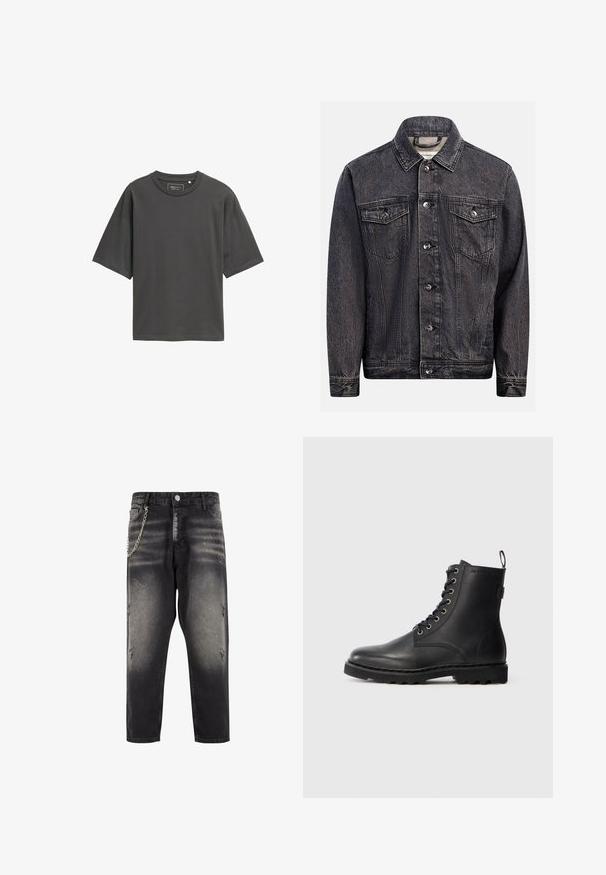 Mørkt, vasket sort denimjakke med knapper foran, to brystlommer med knapklapper og klassisk krave.; Mørkegrå oversized t-shirt lavet af glat bomuld. Har en rund halsudskæring, korte ærmer og et simpelt, ubrighteret design.; Sorte denimbukser med slidt detaljer, afslappet pasform og en sølvkædeaccent på venstre side. Har en knaplukning og lommer.; Sort læder ankelstøvle med rund tå, snøredesign og metaløjer. Har en tekstureret sål og en pull-tab ved hælen for nem påtagning.