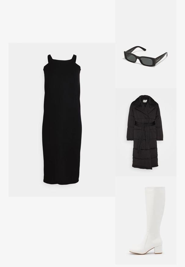 Sort, polstret frakke med bælte i taljen, stor krave og vandrette quiltede paneler. Fremstillet af glat stof med lange ærmer.; WAL G. ESTELLE CUT OUT SKIRT - Jerseykjole - black; Hvide knæhøje støvler med en glat, blank finish. Firkantet blokhæl og diskret syningsdetalje langs siden.; Sorte rektangulære solbriller med mørke linser. Har en glat plastikramme og "vogue"-branding på stængerne.