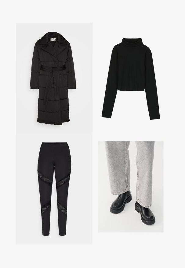Schwarzer, gepolsterter Mantel mit tailliertem Gürtel, großem Kragen und horizontalen Steppnähten. Hergestellt aus glattem Stoff, mit langen Ärmeln.; Even&Odd by Zalando Langarmshirt - black; Schwarze Leggings mit dreieckigen Ausschnitten, die an den Seiten mit schwarzer Spitze akzentuiert sind. Sie bestehen aus einem dehnbaren Stoff mit passgenauer Passform.; Vagabond COSMO - Plateaustiefelette - black