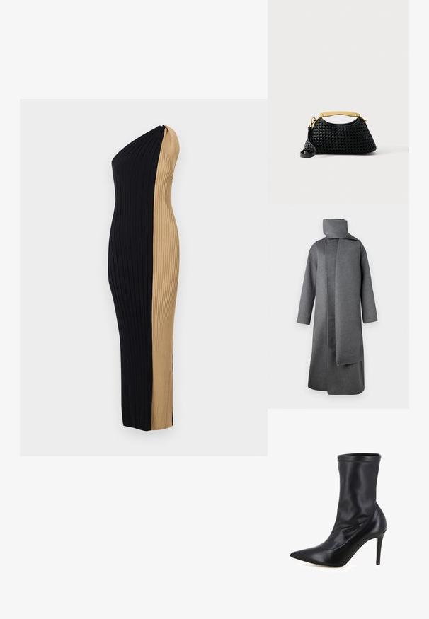 Grijze lange jas van een zachte, gestructureerde stof; heeft een hoge kraag, rechte snit en een aangehechte sjaal. Geen sluitingen zichtbaar.; Off-shoulder geribbelde jurk met een strak silhouet. Heeft een contrasterende zwart- en tan-kleurschema en verticale textuur door het geheel.; Zwarte leren enkellaars met spitse neus en slanke hoge hak, met gestikte bovenranddetails, weergegeven in rechter zijprofiel.; Zwarte geweven handtas met gebogen vorm, goudkleurig metalen bovenhengsel en afneembare zwarte schouderriem op een witte achtergrond.