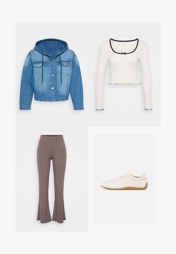 Jeansjacke mit Kapuze in verschiedenen Blautönen. Mit Knopfverschluss, zwei Brusttaschen und einer Kordel zum Verstellen der Kapuze.; Weißes Langarm-Crop-Top mit weitem, schwarz eingefasstem Rundhalsausschnitt, einer mittigen Schleifendetail und gerüschtem schwarzen Saum an den Ärmeln und dem unteren Rand.; Braune gerippte Schlaghosen mit einem hohen, dehnbaren Bund und einer weichen Textur, die ein dezentes vertikales Muster aufweisen.; Weißer Ledersneaker mit glatter Textur, abgerundetem Zehenbereich und tonalen Nähten. Verfügt über eine braune Gummisohle und eine Schnürverschluss.