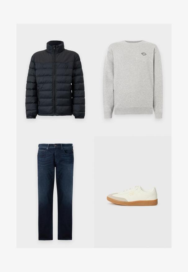 Schwarze Daunenjacke mit hohem Kragen, horizontalen Nähten, frontalem Reißverschluss und elastischen Bündchen. Glattes, isoliertes Stoffdesign.; Grauer Sweatshirt aus Baumwollmischung, mit Rundhalsausschnitt und gerippten Bündchen. Ein kleines schwarzes Diamantlogo ist auf der Brust gestickt.; Dunkelblaue Jeans aus Denim mit geradem Bein, fünf Taschenstil und sichtbarem Knopfverschluss an der Taille. Glatte Textur.; Sneaker aus weißem Leder mit einer beigen Zehenkappe und leichter brauner Gummisohle. Verfügt über flache weiße Schnürsenkel und geprägtes Branding an der Seite.