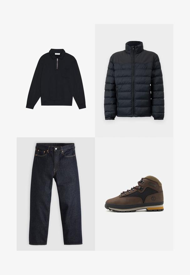 Sort pufferjakke med høj krave, vandret syninger, lynlås foran og elastiske manchetter. Glat, isoleret stofdesign.; Pier One Sweatshirt - black; Mørkeblå denimjeans med lige pasform, fem lommer, kontrasterende orange syning og knaplukning. Ingen synlige mønstre eller udsmykninger.; Brun vandrestøvle med et design i ruskind og mesh, der har metaløjer, lilla snørebånd og en gummisål med gule accenter.