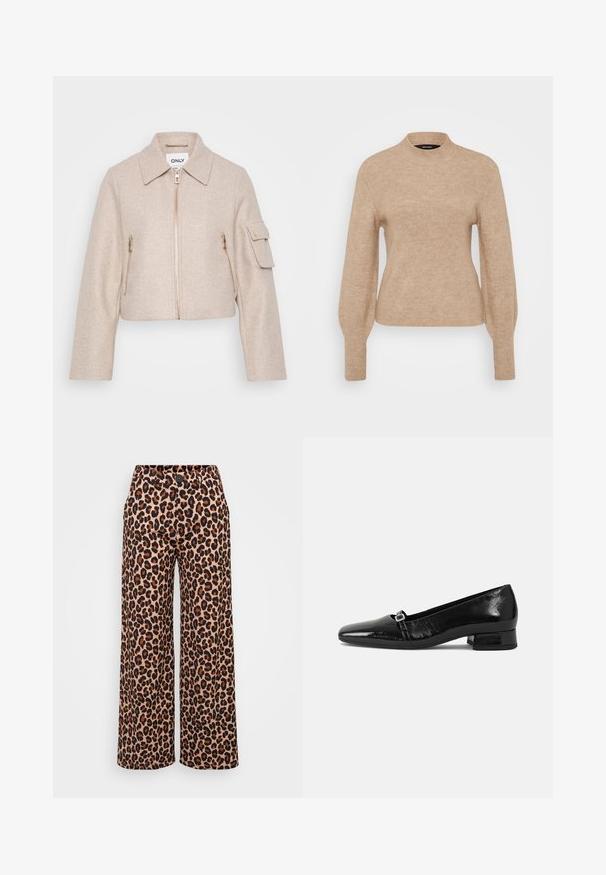 Beige, taillierte Jacke mit Kragen, vorderem Reißverschluss und zwei mit Reißverschluss versehenen Taschen. Der Stoff hat eine weiche Textur und verfügt über goldene Hardware-Akzente.; Beige gerippter Pullover mit hohem Kragen und langen Ärmeln, der eine weiche Textur und eine figurbetonte Form aufweist. Der Stoff wirkt leicht und warm.; Even&Odd Petite P-EO-AW21-A-003-SP / PETITE_TAILORED WIDE LEG TROUSERS - Stoffhose - brown; Schwarze Lackleder-Ballettschuhe mit spitzem Zehenbereich, niedrigem quadratischem Absatz und einem kleinen metallischen Schnallenakzent am Riemen. Glatte Textur.